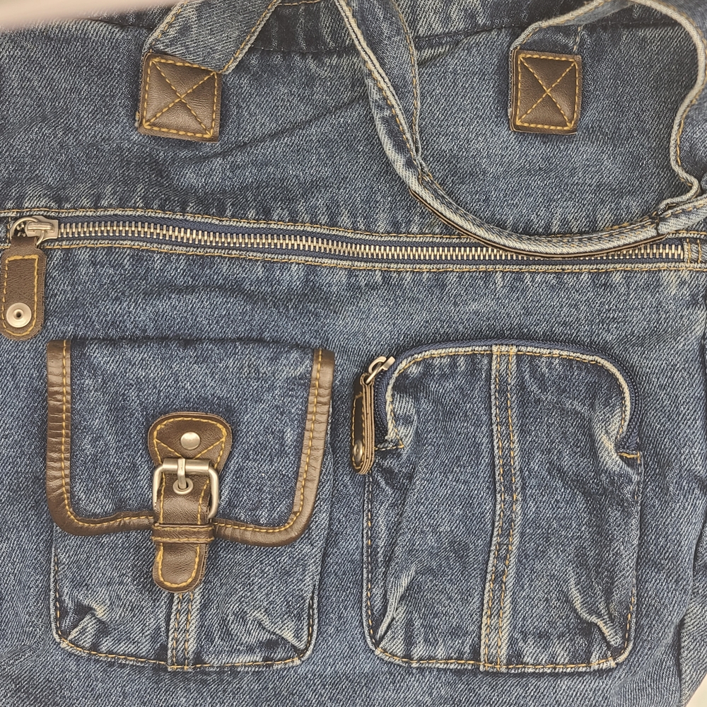 Denim Tote Bag with Brown Accents